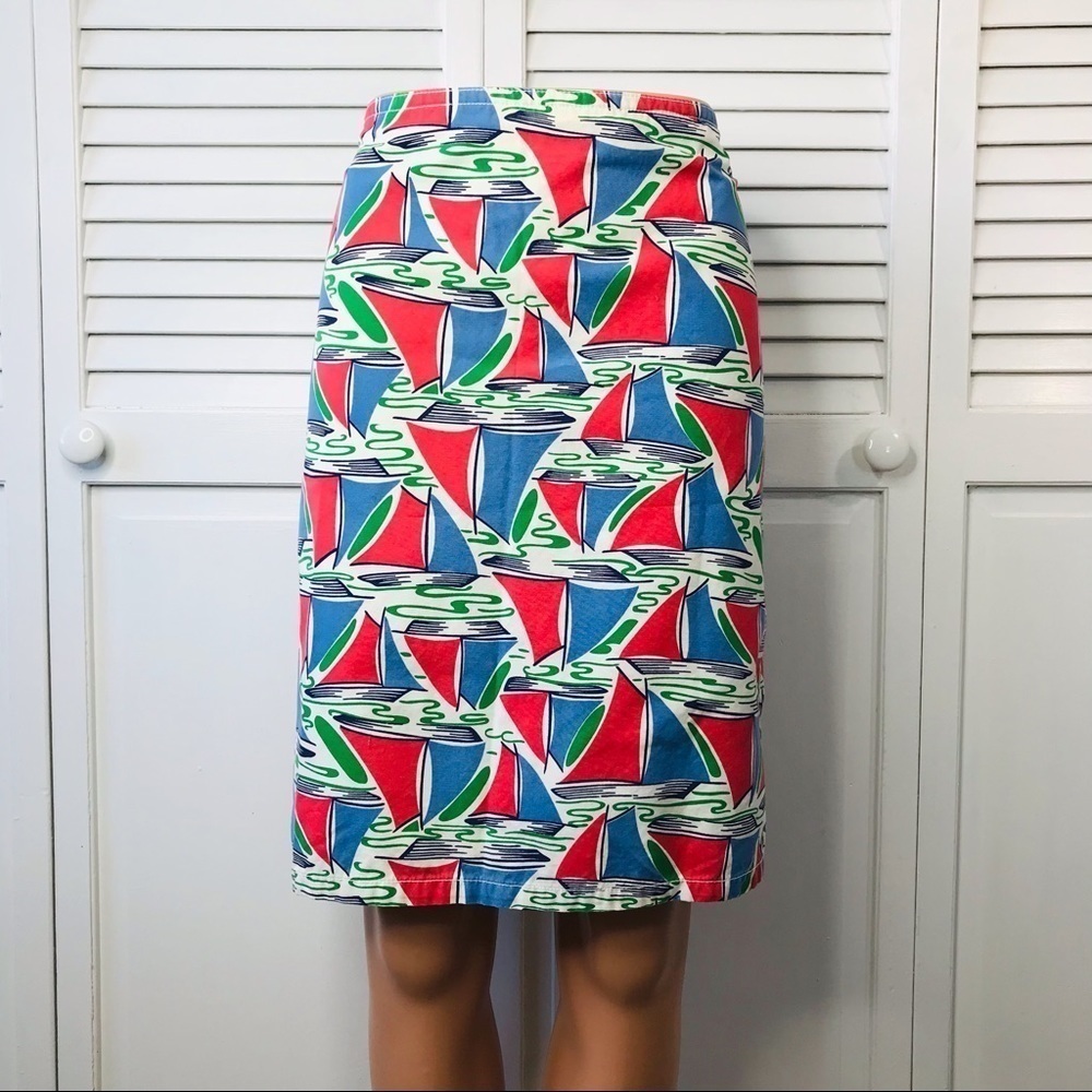 TOMMY HILFIGER White Multi Sailboat Print Cotton Skirt Size 14